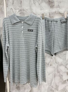 欧洲站女装新款时尚百搭条纹翻领长袖t恤宽松polo衫休闲短裤套装