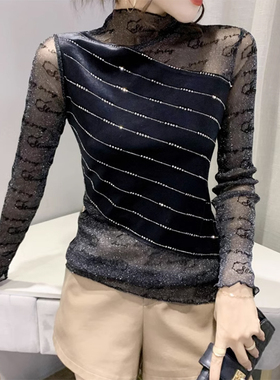 欧洲站女装小众新款时尚拼接长袖T恤女港风烫钻性感修身打底上衣