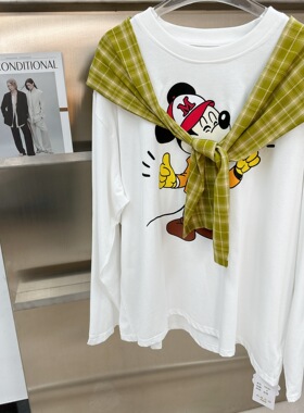 欧洲站女装新款卡通可爱印花T恤宽松慵懒休闲假两件披肩上衣打底