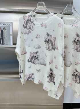 欧洲站女装新款时尚百搭卡通猫咪印花宽松休闲百搭减龄针织衫毛衣