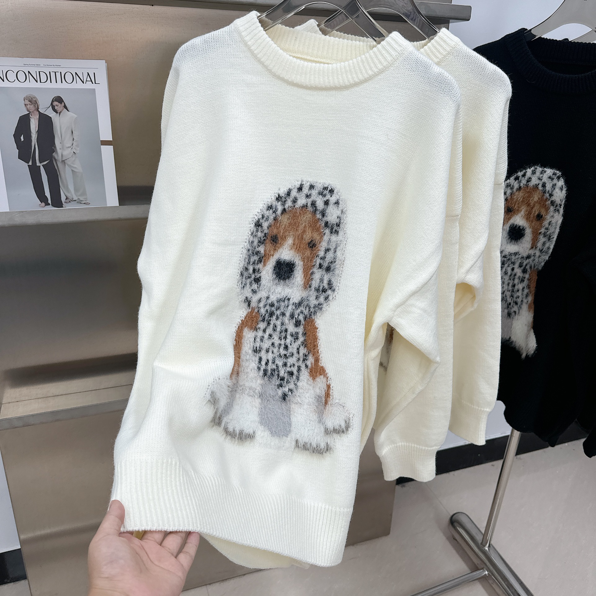 欧洲站女装新款毛绒狗狗提花毛衣慵懒宽松显瘦套头毛衣情侣针织衫