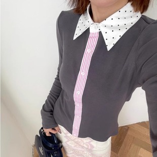 T恤上衣 欧洲站女装 新款 小众时髦Polo领学院风波点拼接打底衫 长袖