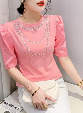 欧洲站女装新款T恤烫钻链条拼接性感五分袖百搭时尚小衫短袖女潮