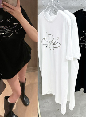 欧洲站女装新款高品质小众设计感宽松t恤土星烫钻圆领休闲上衣潮