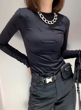 欧洲站小众女装字母修身印花长袖上衣t恤内搭植绒打底衫显瘦ins潮