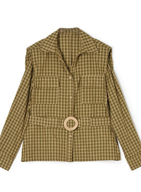 奥莱专柜品牌撤柜正品 CC春装2026新款 系腰带格纹上衣宽松衬衫女