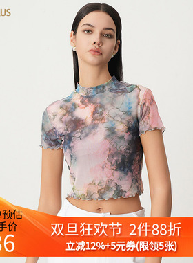 CANVAUS小高领短款国风水墨扎染短袖t恤女修身薄款网纱透视上衣夏