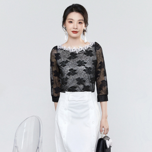 女 2024年秋装 Outlets专柜 ZN系列立体花朵边上衣套头七分袖 针织衫