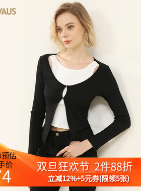 CANVAUS秋季打底衫女设计感假两件圆领长袖T恤黑白撞色上衣潮