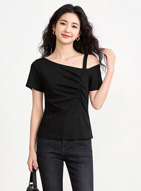 2026年夏装Outlets专柜 高端NE系列 时尚收褶款单边吊带上衣T恤女