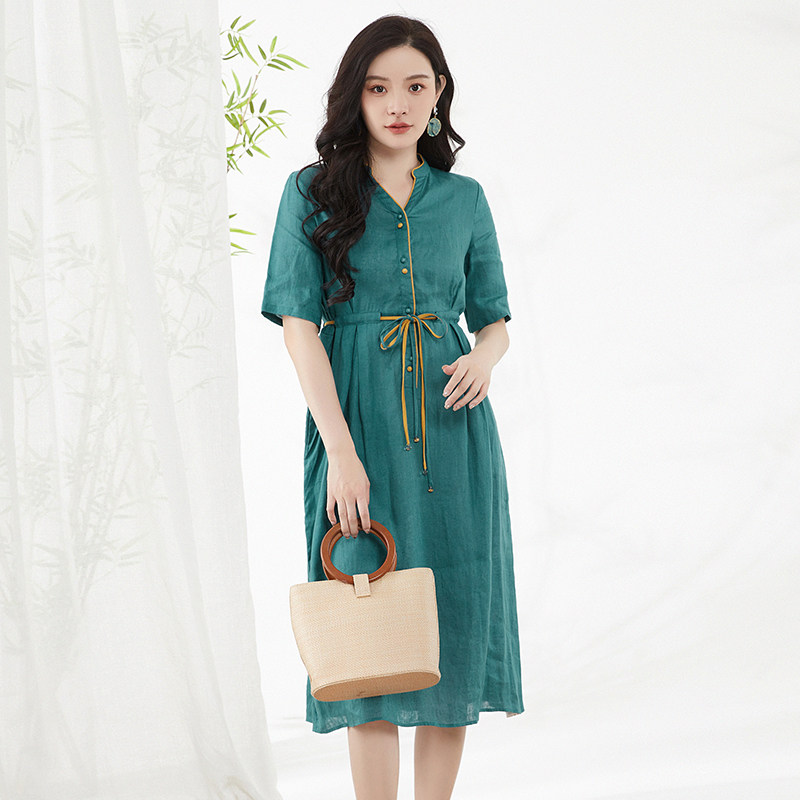 曼天雨专柜撤柜正品 sd夏装新款优雅气质v领裙子含亚麻紧身连衣裙