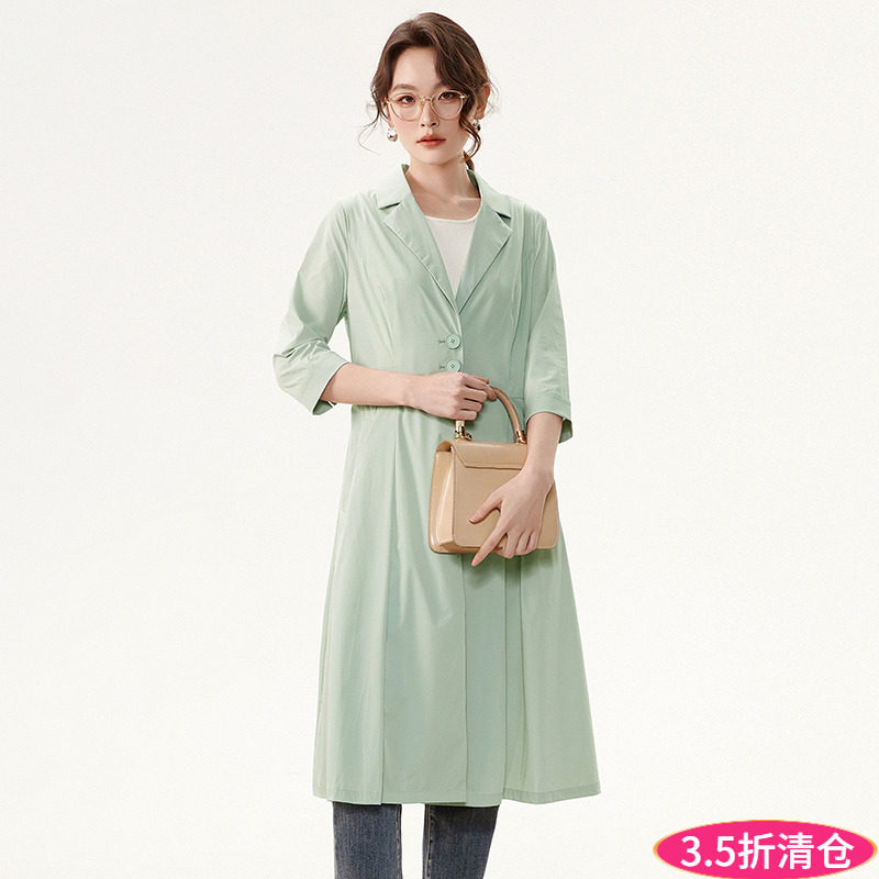 2025年春装Outlets专柜 高端HM系列单排扣七分袖加长款风衣外套女