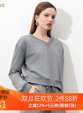 CANVAUS冬装新款专柜正品V领宽松落肩袖纯色极简风绣花长袖卫衣女