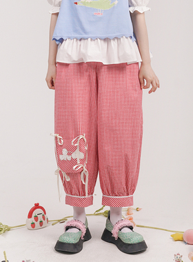 HELPHELP外星社兔子洞系列原创夏季可拆卸系带红色少女格子九分裤