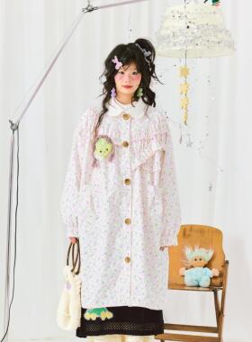 HELPHELP外星社小碎花印花娃娃领长款长袖风衣外套