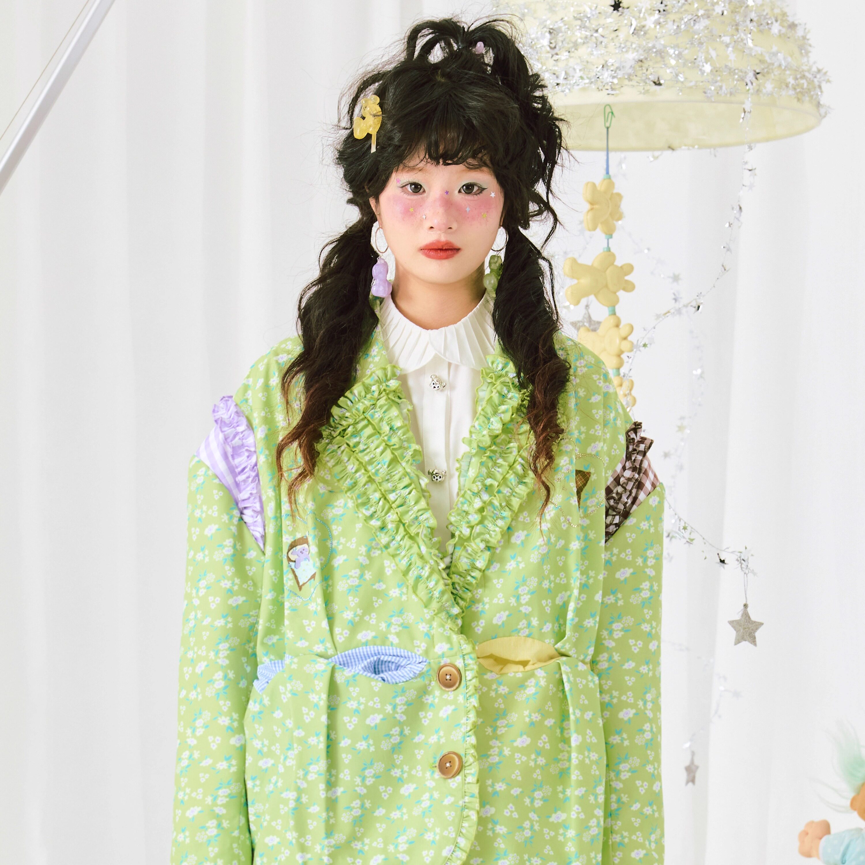 HELPHELP外星社绿色碎花彩色格纹撞色拼接花边长袖西装