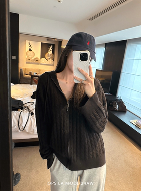 OPS LA MODE  tot*me乌木棕全羊毛绞花开衫毛衣