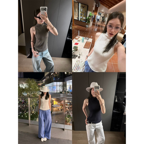 OPS LA MODE 法国亚麻纤维 高智感复古高领无袖针织上衣