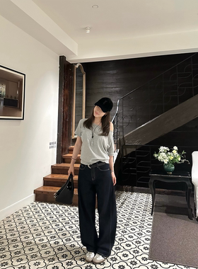 OPS LA MODE 小时髦精 薄款防褪色设计感拼色线条弯刀原牛牛仔裤