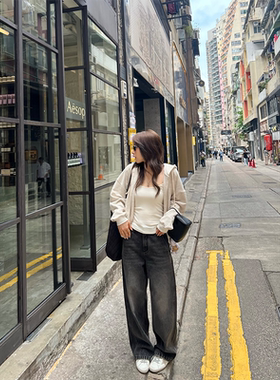 OPS LA MODE 高线绝妙炒色 品质雾感黑灰直筒牛仔裤
