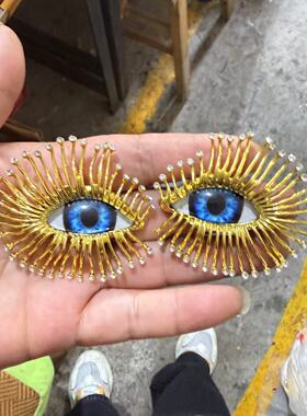 金色眼睛太阳耳钉中古vintage古董风复古恶魔之眼夸张流苏耳环女