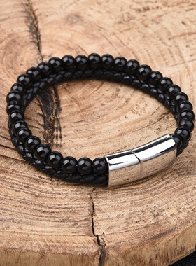 欧美跨境简约不锈钢皮手链 玻璃石多层编织皮绳首饰手镯手链男士