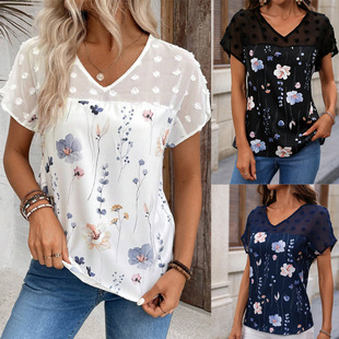 short 蕾丝短袖 上衣 patchwork top lace printed neck sleeved