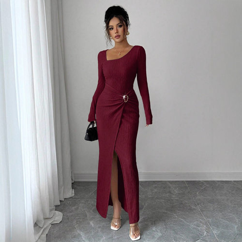 Irregular collar solid color knitted texture long dress长裙