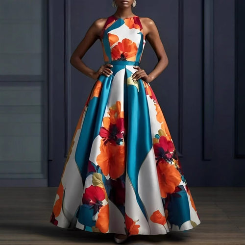 Fashion large skirt sleeveless printed evening dress 连衣裙