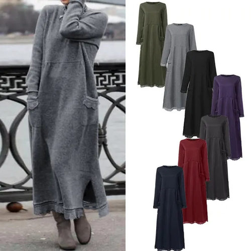 oversized knitted lace long skirt fleece hoodie casual dress