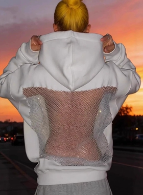 Fashion solid color backless hollow mesh hooded sweatshirt