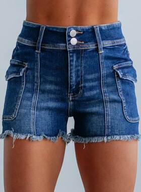 Women fashion new high waisted elastic tassel denim shorts
