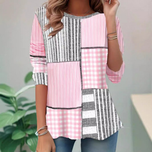 neck retro sleeved shirtT恤 women round style Long plaid
