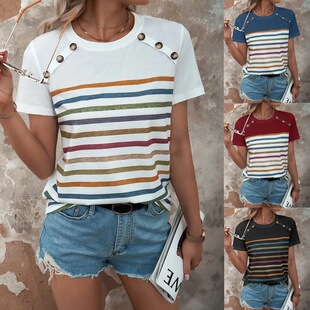 button patchwork printed top sleeved casual short striped