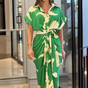 shirt dress Mid breasted short sleeved printed length women