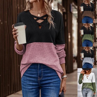 cross neck off color shoulder splicing T恤 shirt sleeve