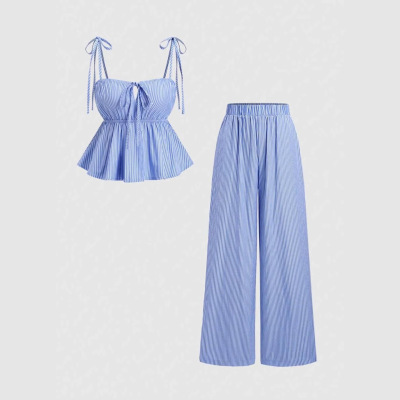 Blue vertical striped women loose casual floor length pants