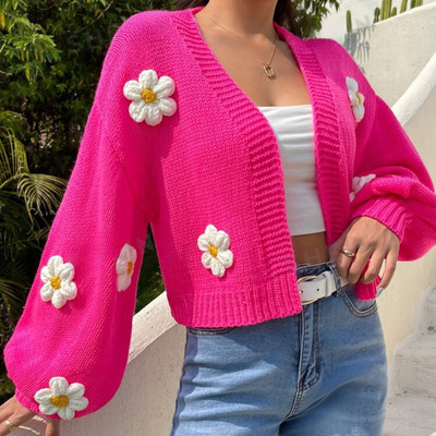 Flower sweater jacket women's loose short knitted cardigan