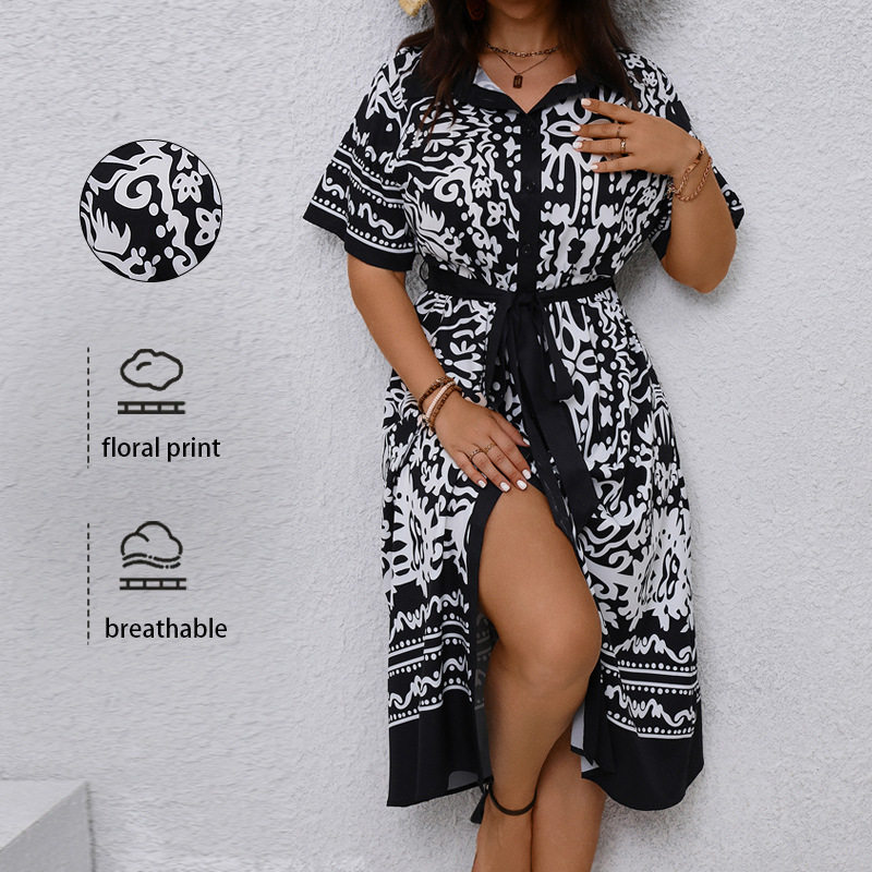 Large size women's printed shirt collar long dress约连衣裙女