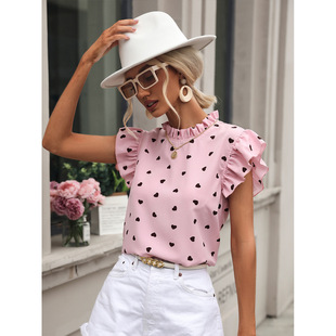 short sleeve dot casual shirt polka ruffled neck Women round