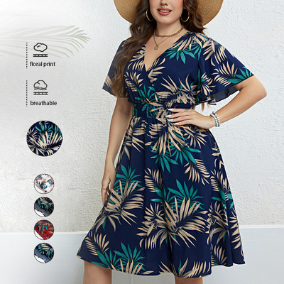 Women's plus size 4xl 3xl 2xl V-neck zip up waist dress 裙