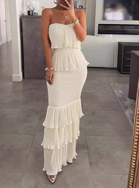 Women's sleeveless strapless pleated ruffle edge long skirt