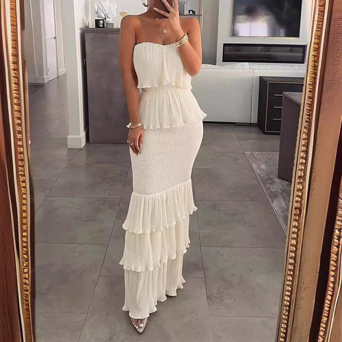 Women's sleeveless strapless pleated ruffle edge long skirt