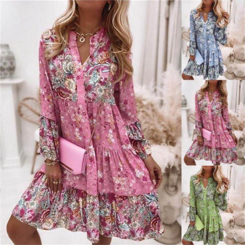 Printed dress loose fashionable V-neck chiffon pleated skirt