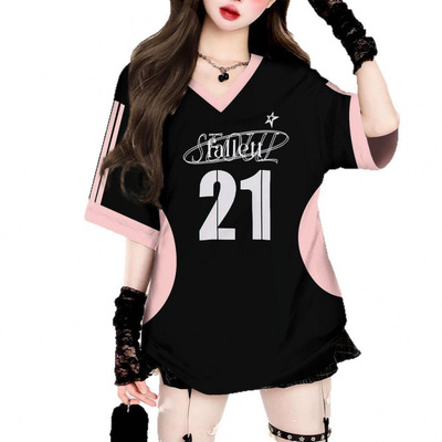 sport football collar top loose short sleeved couple T-shirt