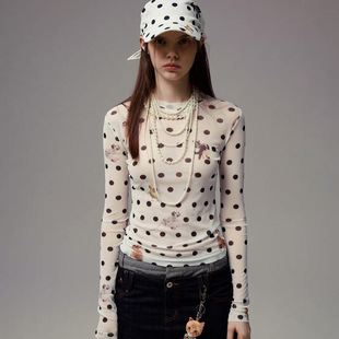 Women's animal polka dot printed long sleeved short top 上衣