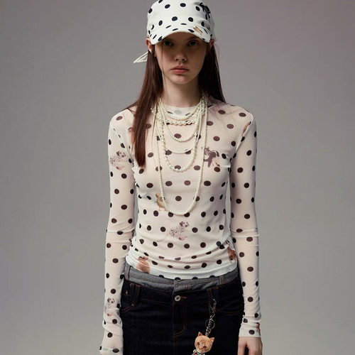 Women's animal polka dot printed long sleeved short top 上衣