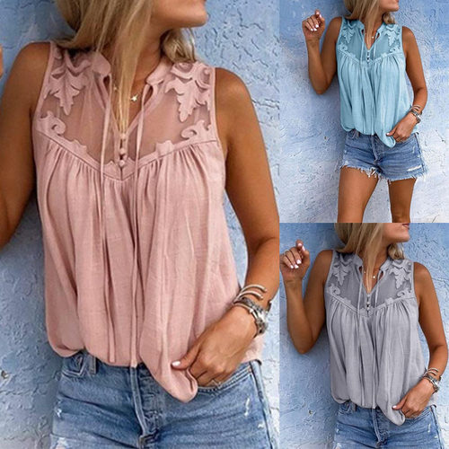 Summer chiffon patchwork lace V-neck sleeveless shirt 衬衫