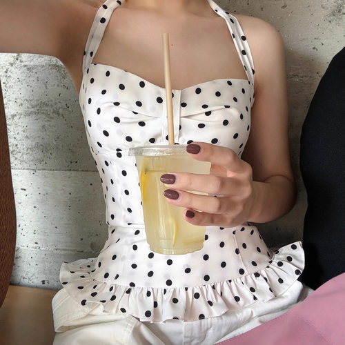 pleated neck strap vest princess style waist cinching top