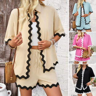 shirt lady 套装 set shorts lace color solid vacation Leisure